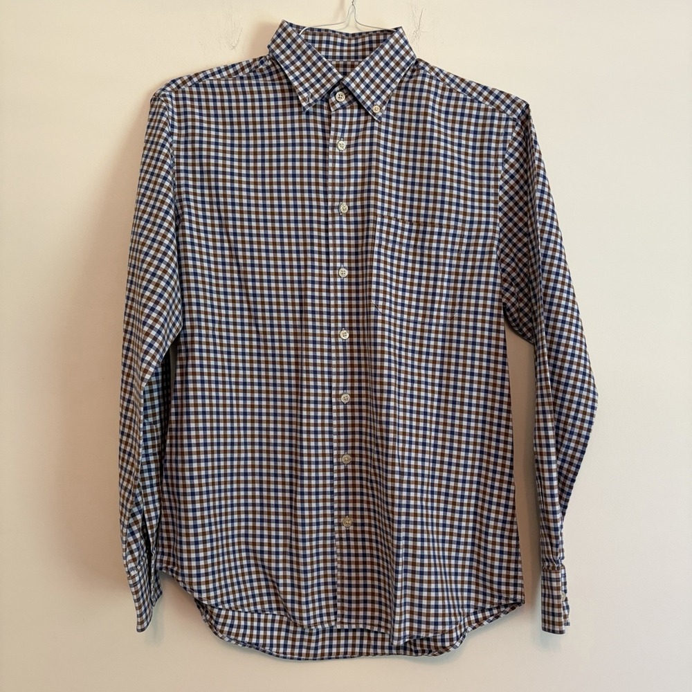Scott Barber Medium Cotton Button down Long Sleeve Shirt Checkered Blue Brown